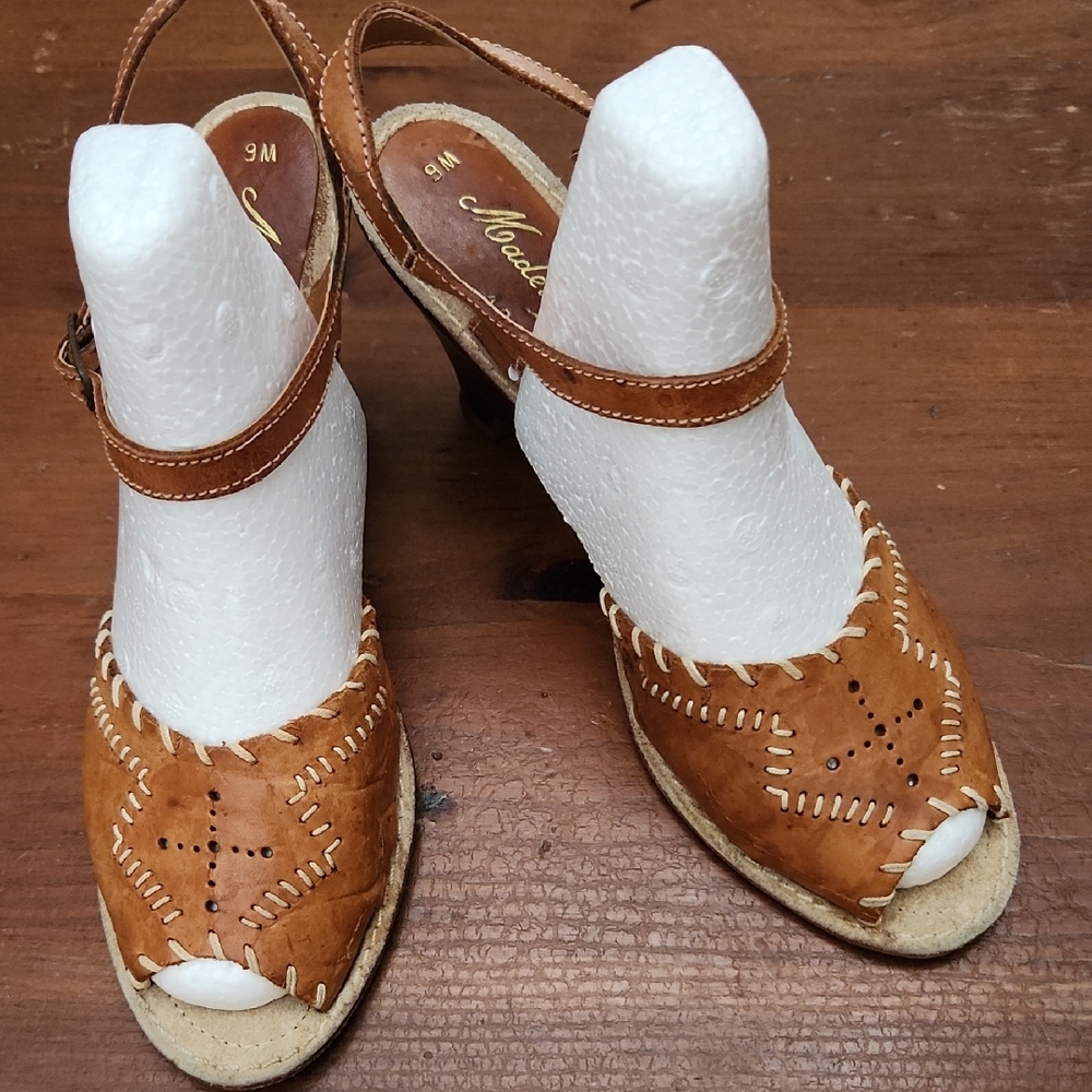 Women's Tan Leather Sandals-Brazil 8